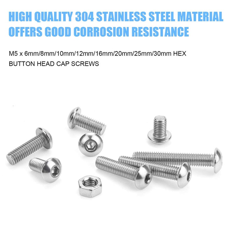 DYWISHKEY 195 Pieces M5 x 6mm/8mm/10mm /12mm/16mm/20mm/25mm/30mm Stainless Steel 304 Hex Button Head Cap Bolts and Nuts Kit - Image 2